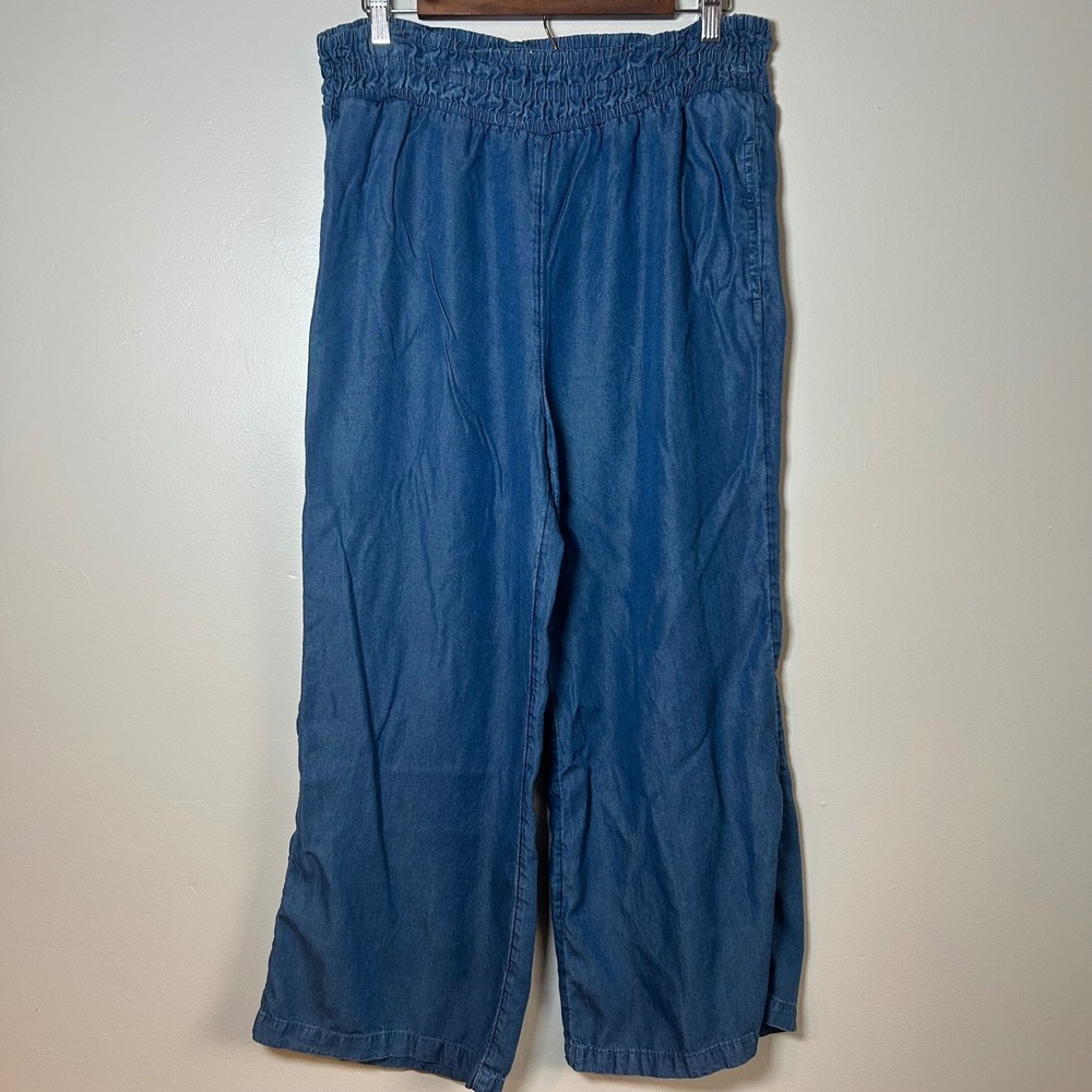 Land n Sea Women Blue Denim Wide Leg Cropped Pants Elastic‎ Waist Size L